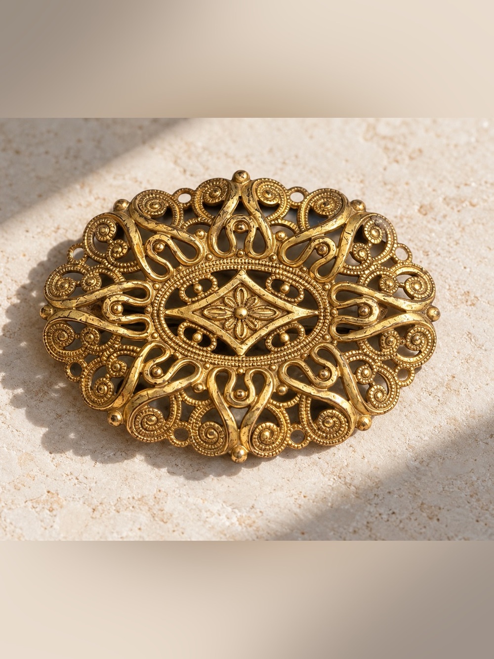 Vintage Miriam Haskell Gold Fine Filigree Oval Brooch